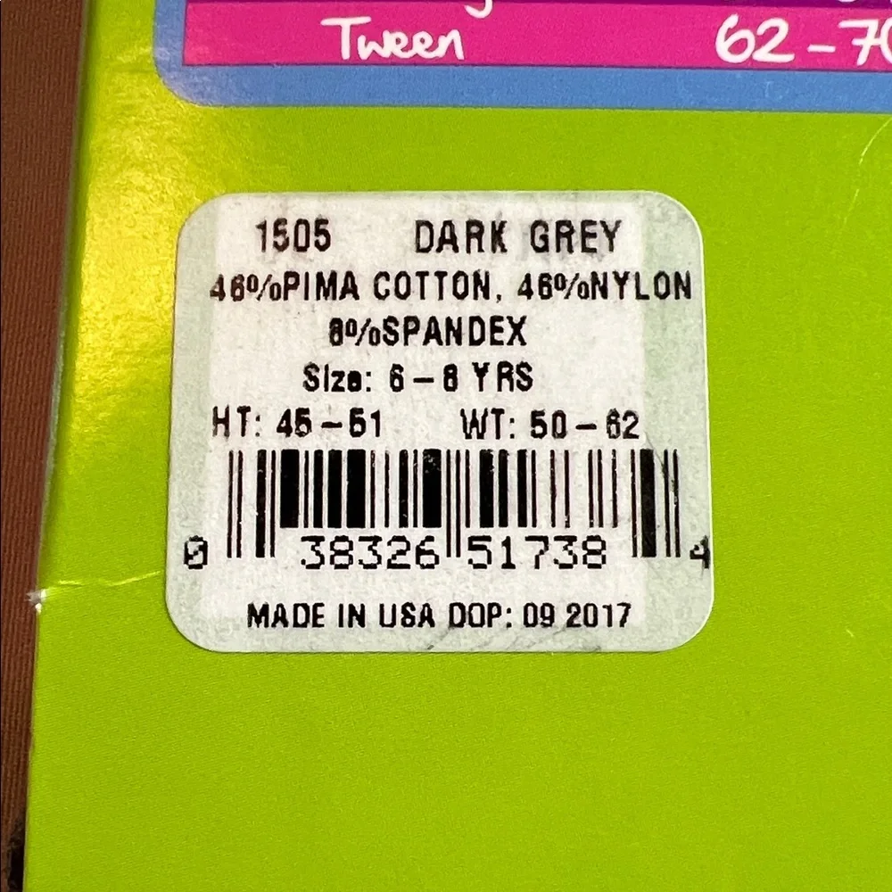 Jefferies Socks Dark Gray Kids Tights 6-8 years old 45-51”h 50-62lbs